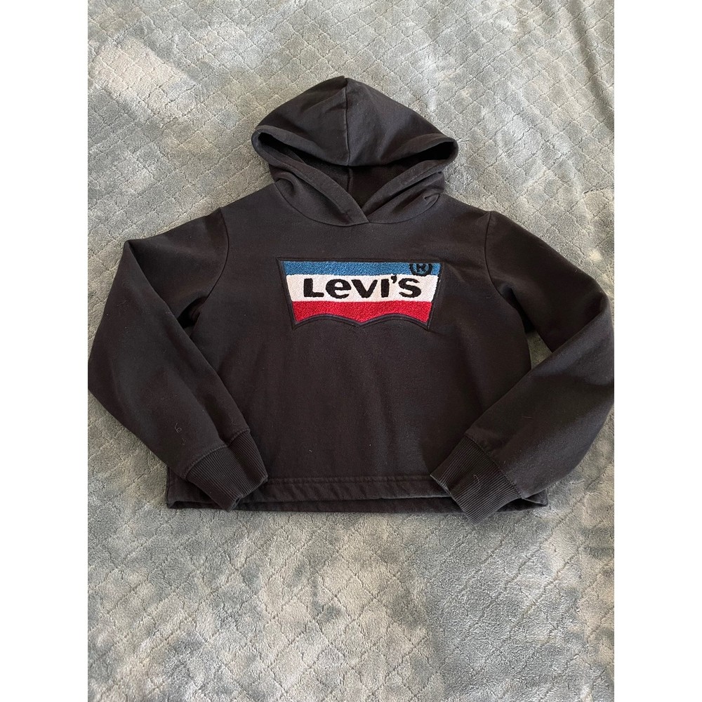 Levis Girls Black Fleece Hoodie Chenille Batwing Logo‎ Cropped Sweatshirt Size M